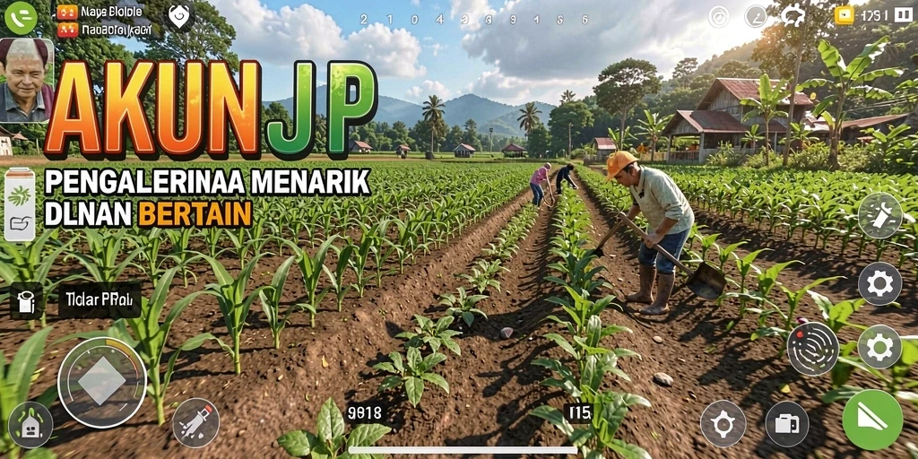 Gameplay AKUNJP yang menunjukkan ladang hijau subur dan aktivitas bertani.