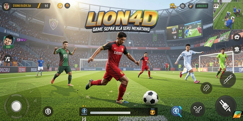 Screenshot gameplay LION4D menampilkan aksi seru sepak bola.