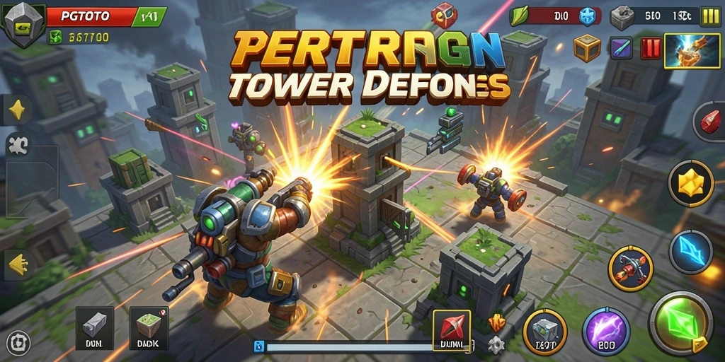 Screenshot gameplay PGTOTO menampilkan pertarungan strategis Tower Defense.