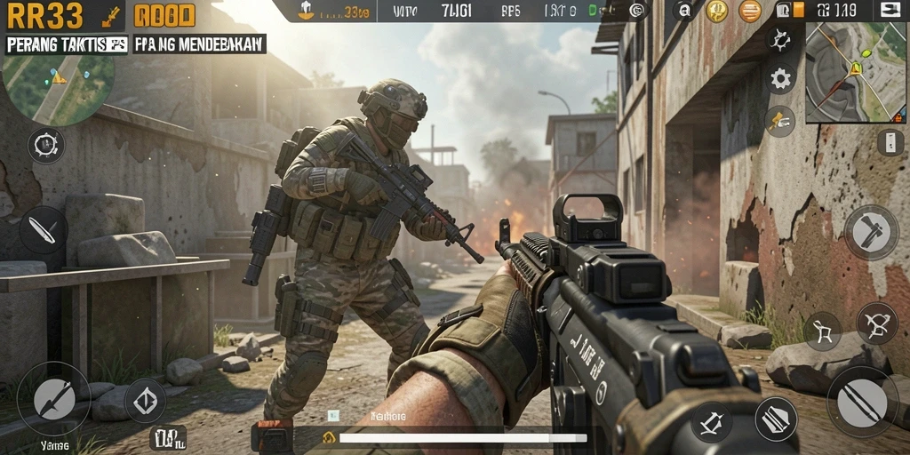 Screenshot gameplay RR33 dengan aksi tembak-menembak yang intens.