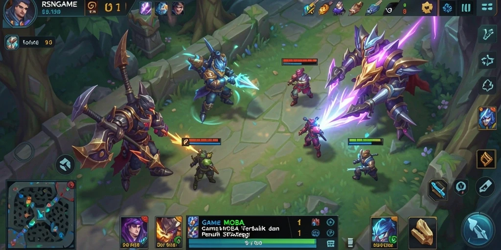 Tangkapan layar gameplay RSNGAME yang menggambarkan pertempuran seru di arena MOBA.